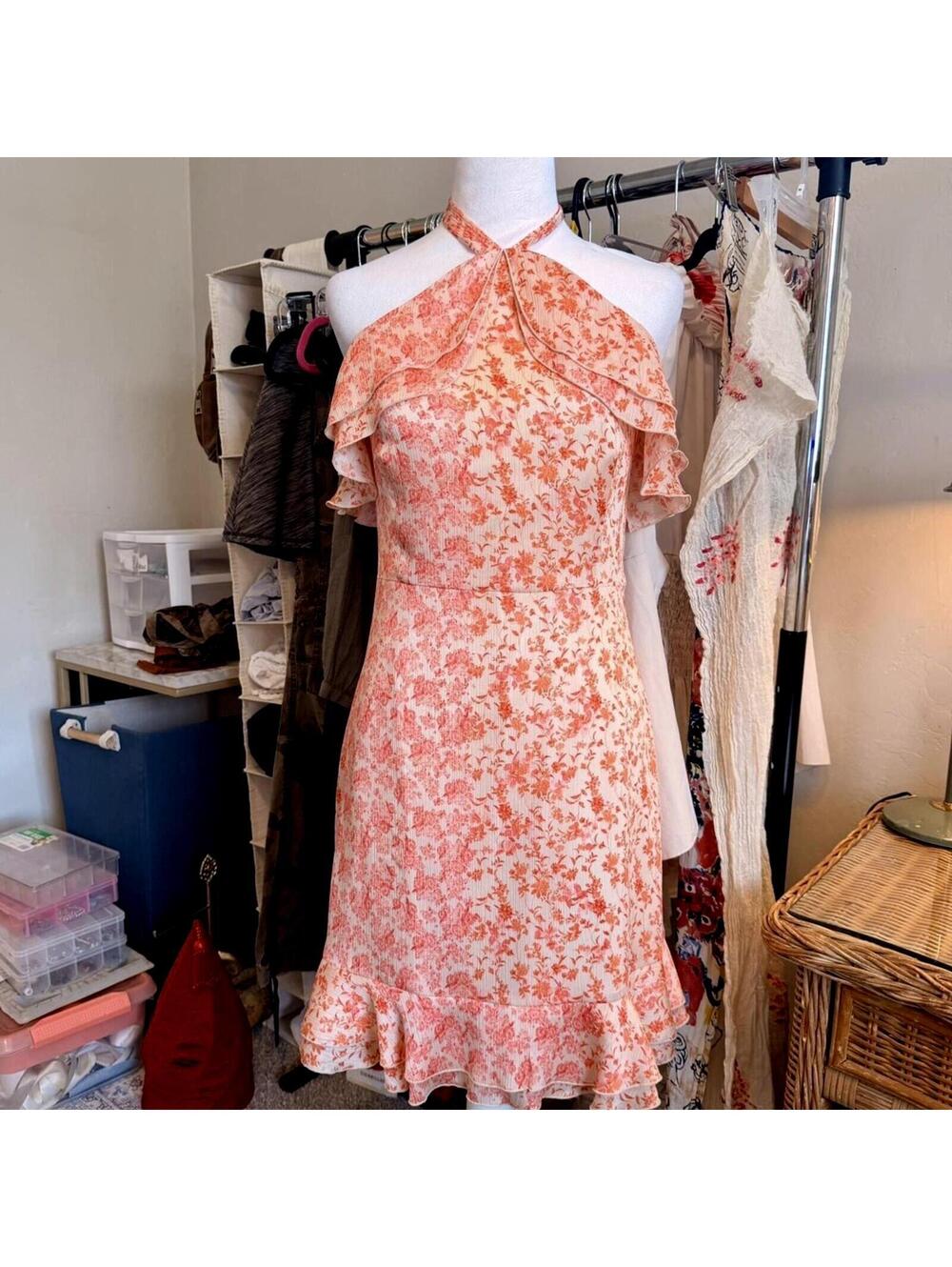 Gianni Bini pink floral strapless halter ruffle summer midi dress SZ 12